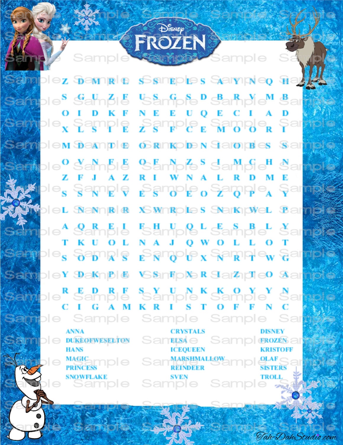 NEW Disney Frozen Word Search Game Birthday Party By TahDahStudio