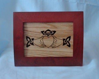 Irish Claddagh symbol burned into oak and mounted in a beautiful frame
