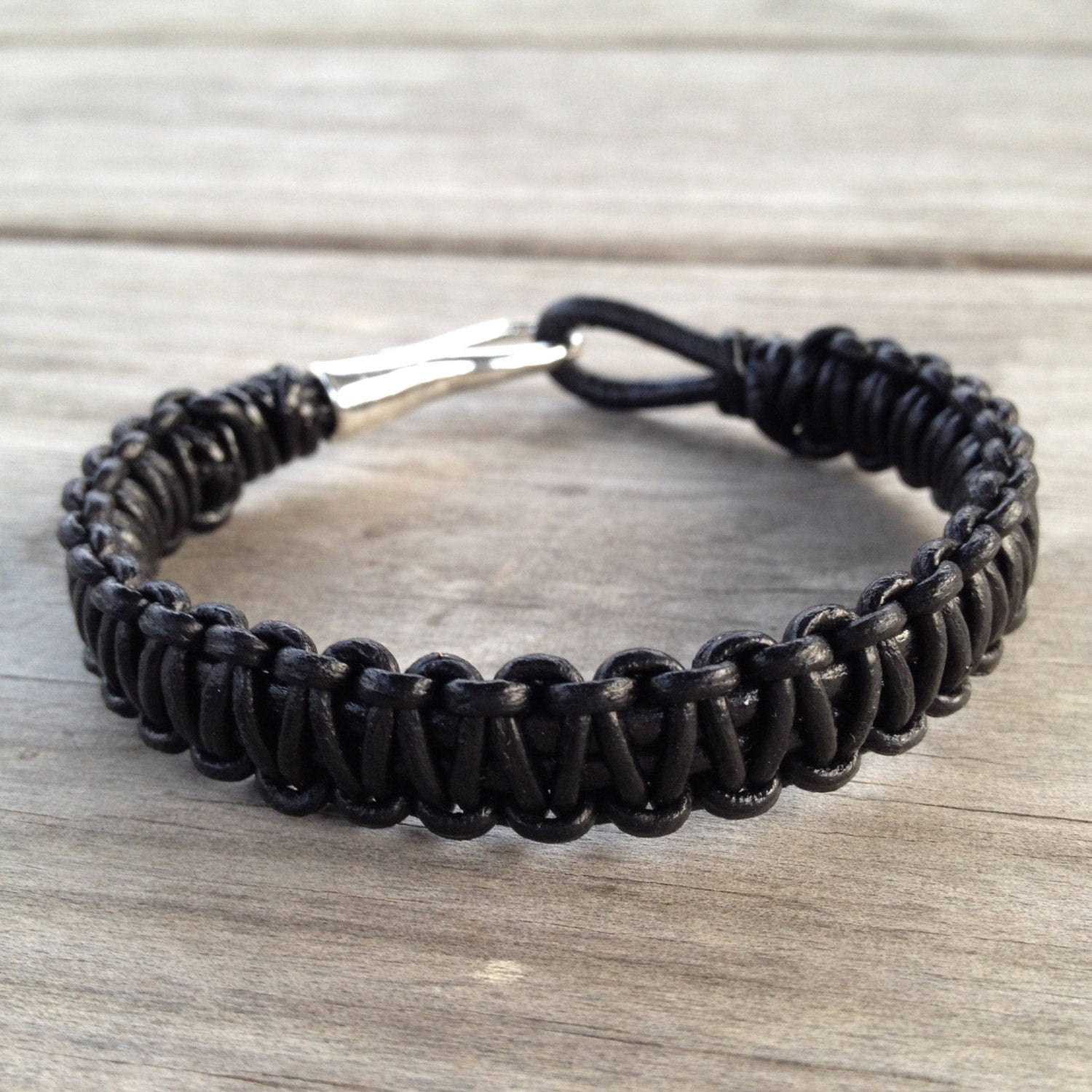 Men's Black Macrame Leather Wrap Bracelet