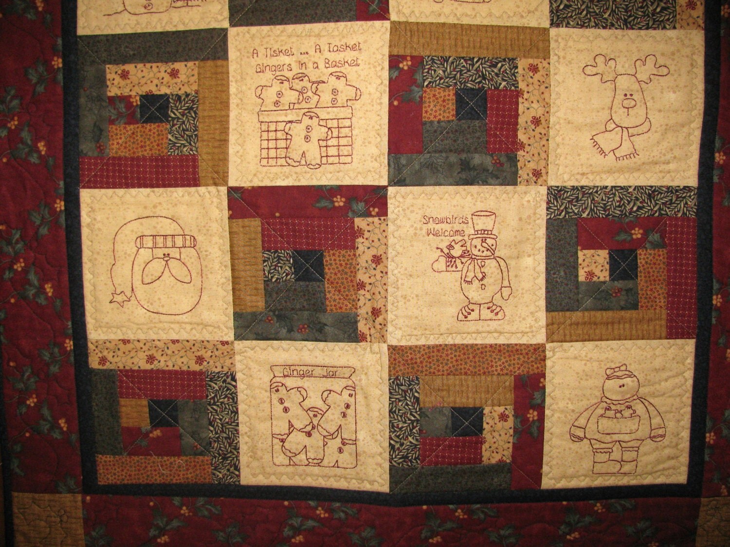 Christmas Redwork Quilt Blocks Set, set of 10, Barn Red thread from