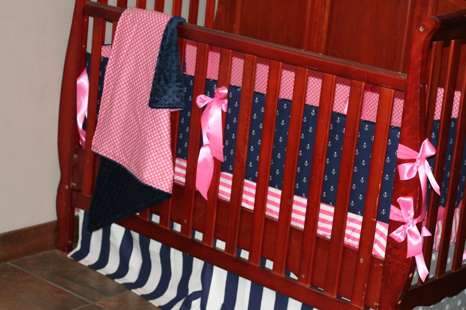 Nautical Baby Girl Crib Bedding SET pink navy anchors