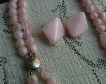 Pale Pink Double Strand Pearls and Earrings
