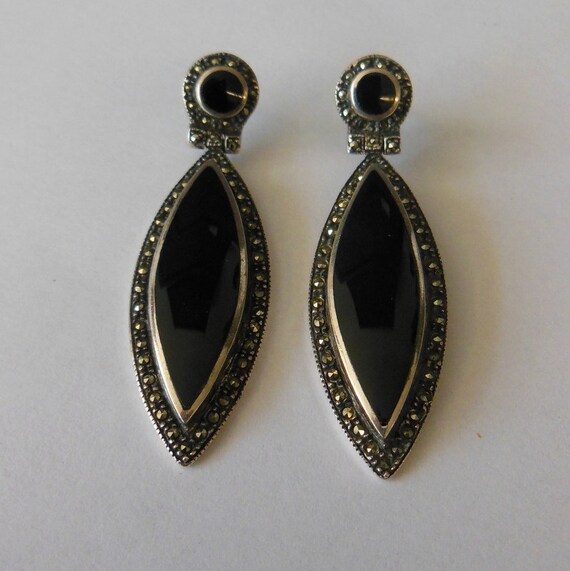 SALE 925 Sterling Silver Black Onyx Marcasite Drop Earrings