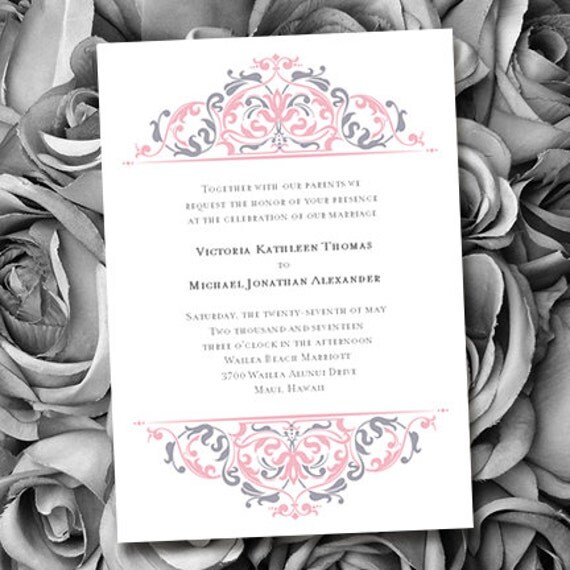 Printable Wedding Invitation "Grace" Blush Pink & Gray  | Editable Word.doc | Instant Download | ALL COLORS  | DIY You Print