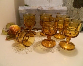 Set of 6 Vintage Amber Indiana Glass Co. Kings Crown Thumbprint Cordials