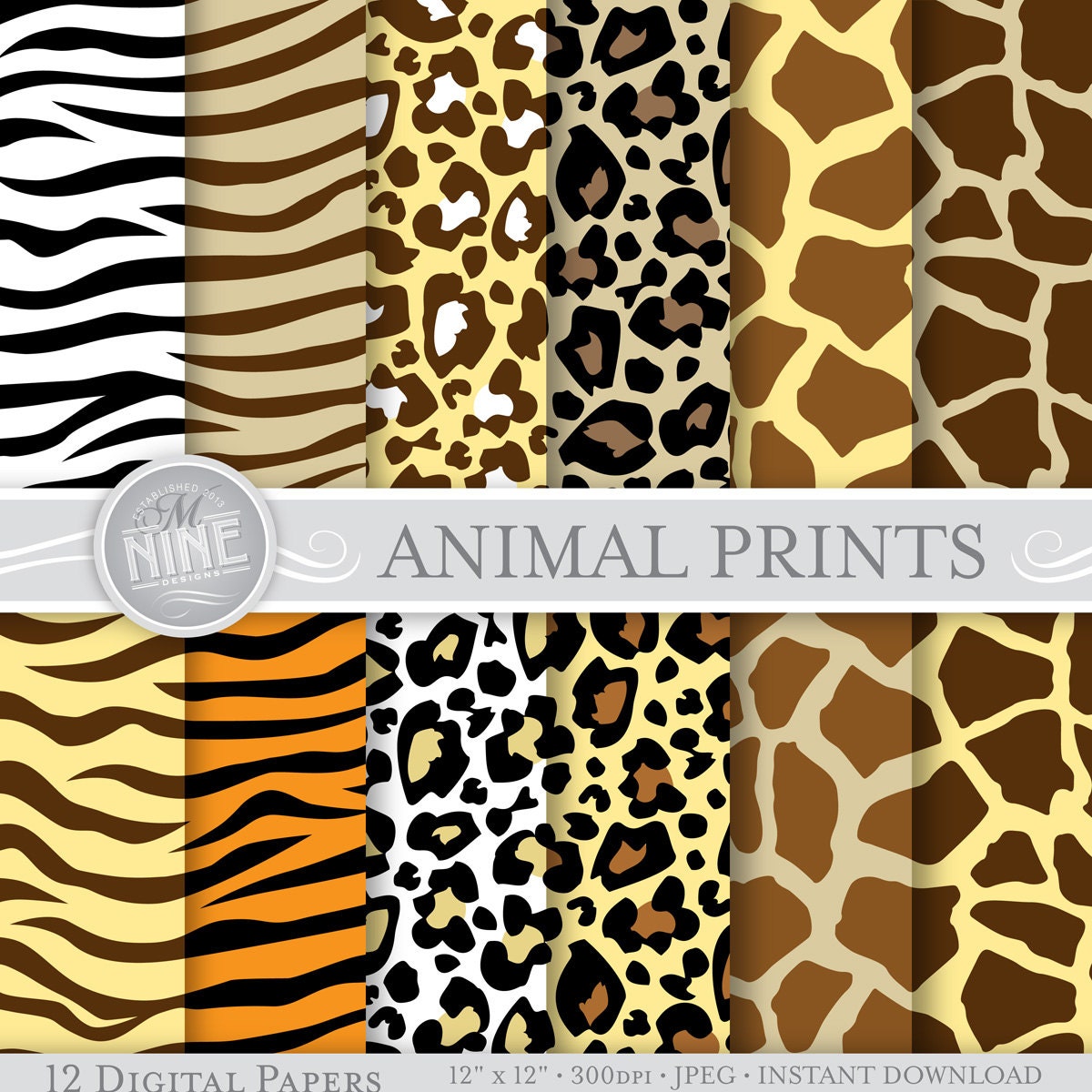 WILD ANIMAL PRINTS Digital Paper 12 x 12 Patterns