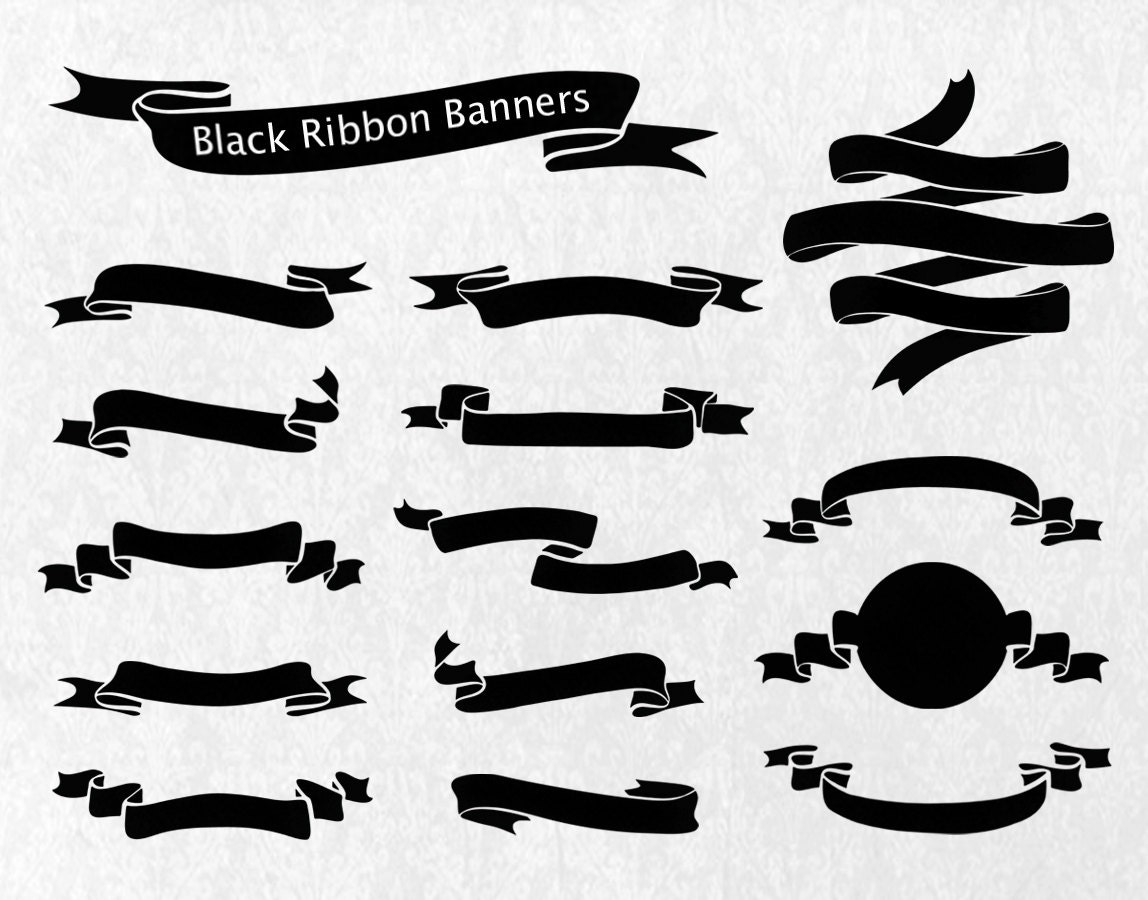 Digital Black Ribbon Banners Clipart Elements for Card