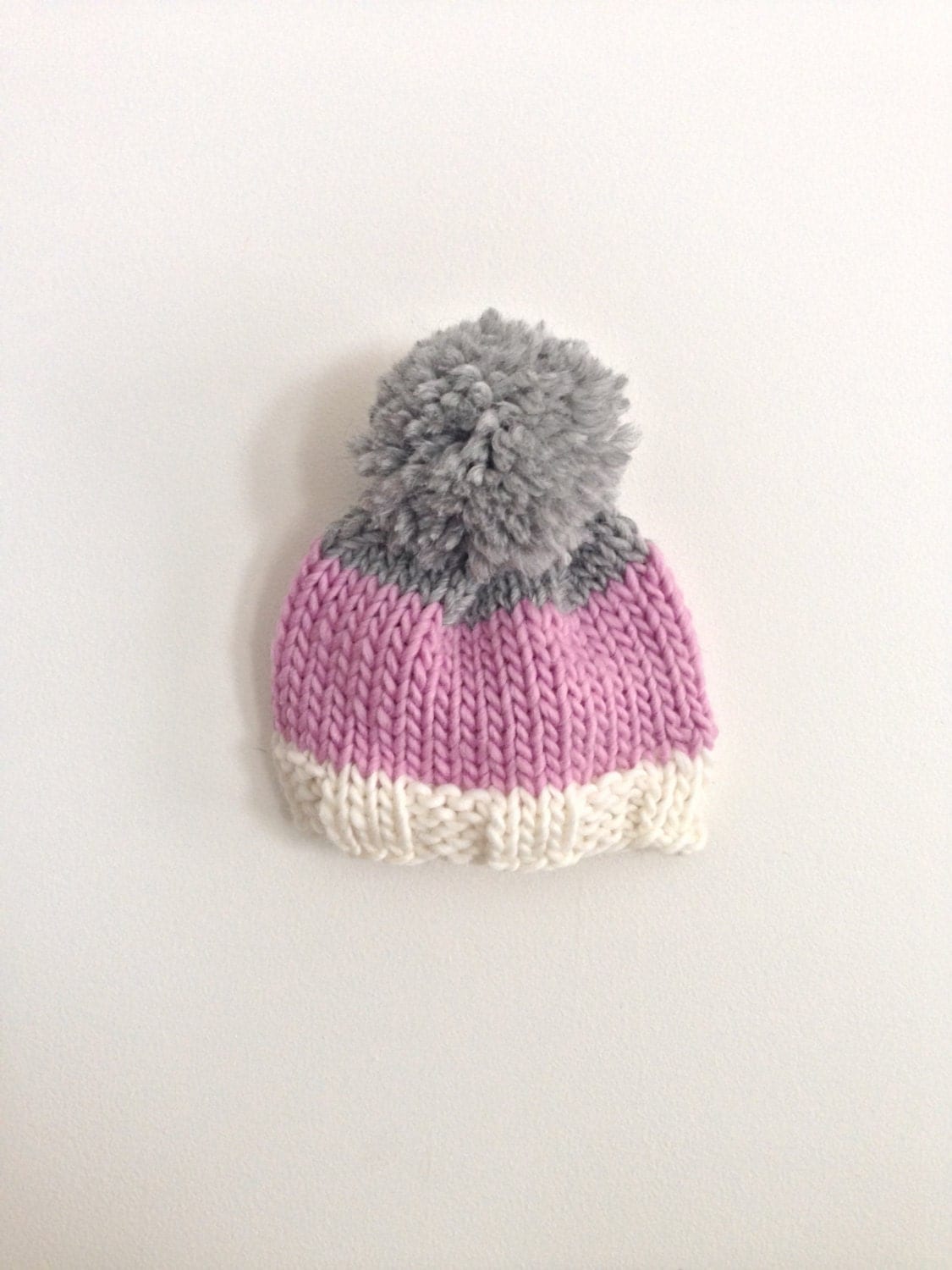 Baby Pom Pom Hat | Hand Knit Color Block Baby Hat with Large Pom Pom ...
