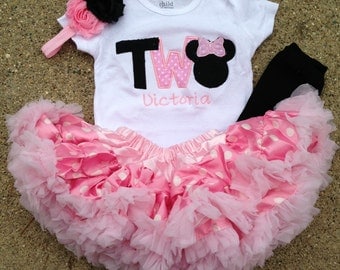 Pink and black minnie mouse birthday outfit - 2nd birthday shirt petti skirt and headband - custom birthday shirt
