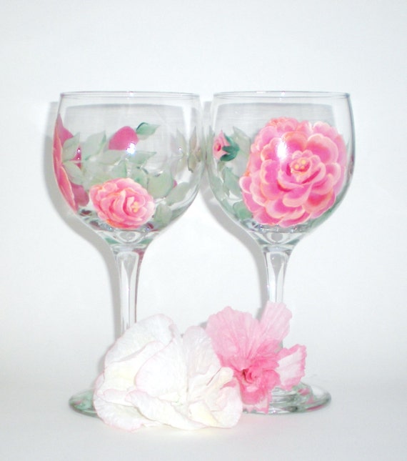 Items similar to Hand Painted Pair of Shabby Pink Roses wine glasses on ...