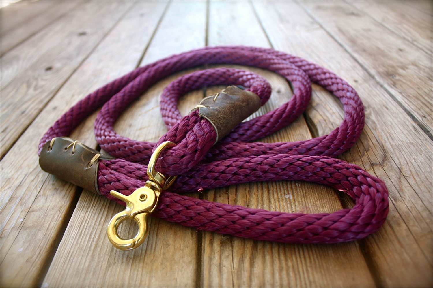 Handmade rope leash with leather details and brass hardware