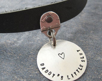 Daddy's Little Slut Day Collar, black leather choker, customize the 1 inch nickel silver disc, pet, unisex, adjustable, bdsm, fetish