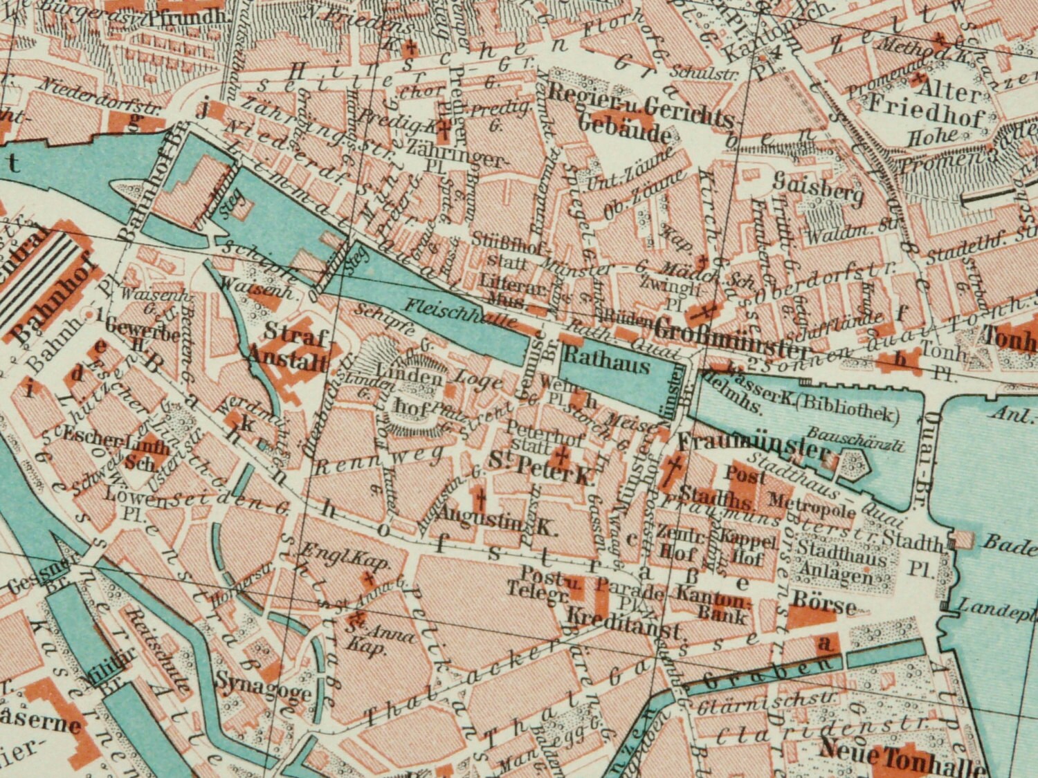 1897 Mappa città antica di Zurigo Svizzera. mappa di 117