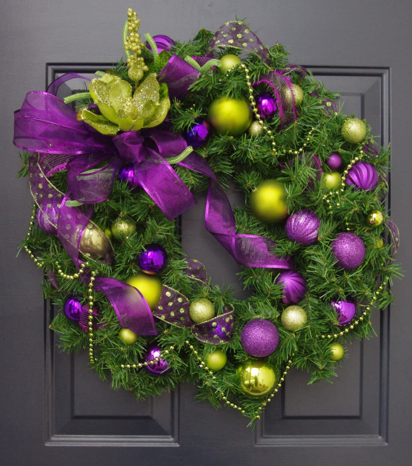 Christmas Wreath in Purple and Lime Green Glass Ball Ornament
