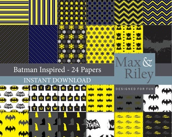 24 Batman Inspired Digital Paper pack INSTANT DOWNLOAD - for scrapbooking, card making, digital scrapbooking, dots, stripes, chevron paper