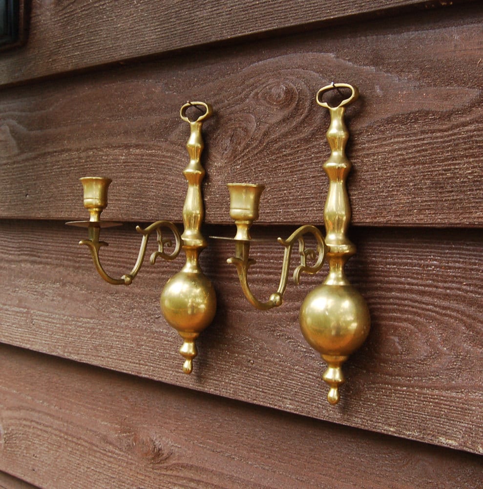 Pair Brass Wall Sconces Vintage Fireplace by PineSpringsCottage