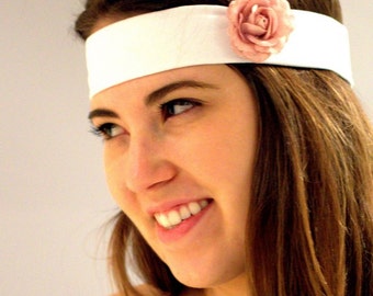 White romantic headband. BUY 3 GET 1 FREE, small peach flower, white Headband turban, Hair Wrap, Elastic Head Wrap for Women. Yoga headband.