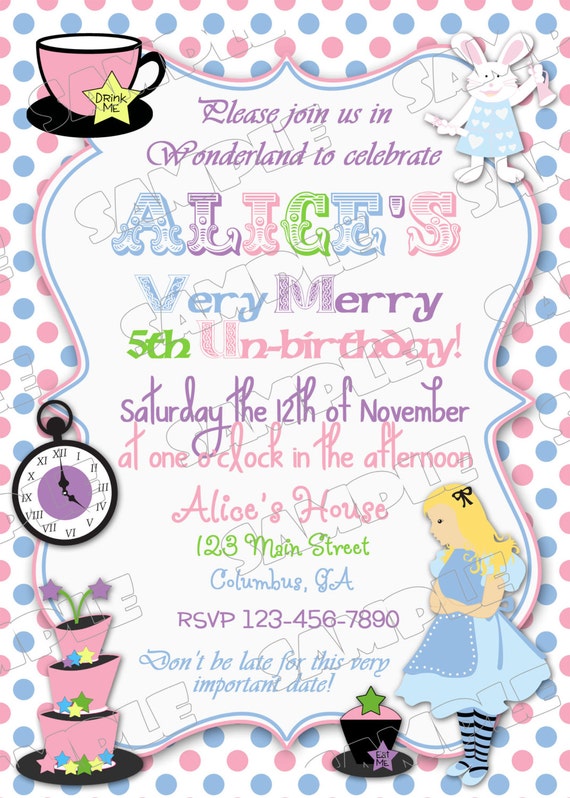 Alice in Wonderland mad hatter tea party inspired invitation birthday party printable UPrint customized card by greenmelonstudios Il_570xn