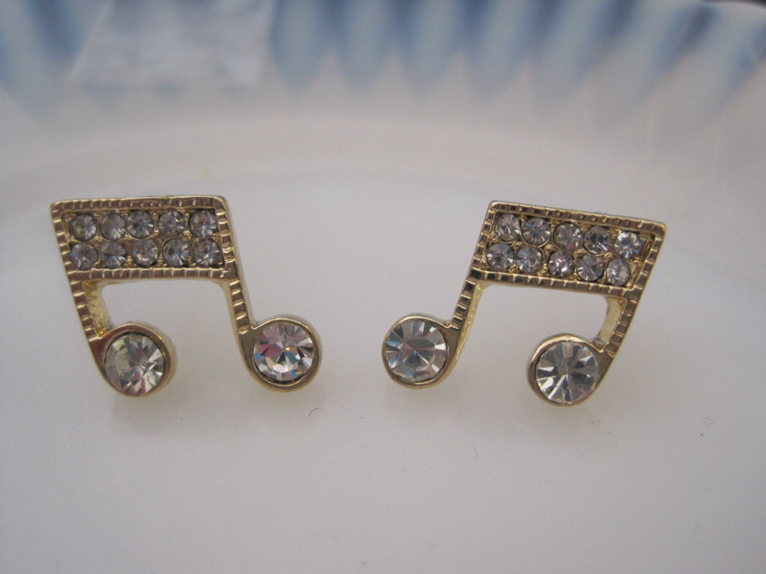 Gold Music Note Earrings Stud Earrings Rhinestone Double
