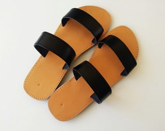 Summer Flat Sandals - Black Greek Women Leather Sandals