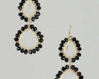 Gold and Black Crtstal Beaded Teardrop Earrings