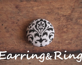 black and white damask fabric covered button earrings, fabric covered button clip on earrings, fabric covered button ring