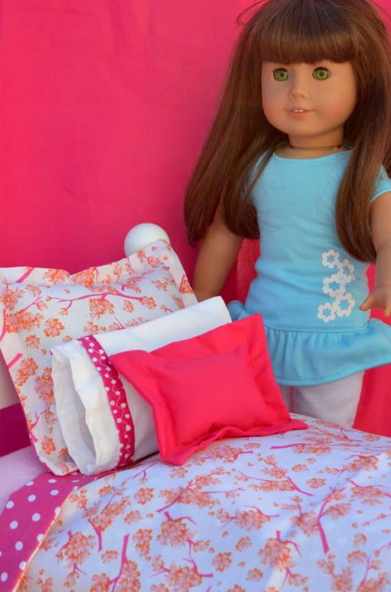 5 pc Pink Shabby Chic Floral Dot Reversible bedding for 18" Dolls, American Girl Doll Bedding