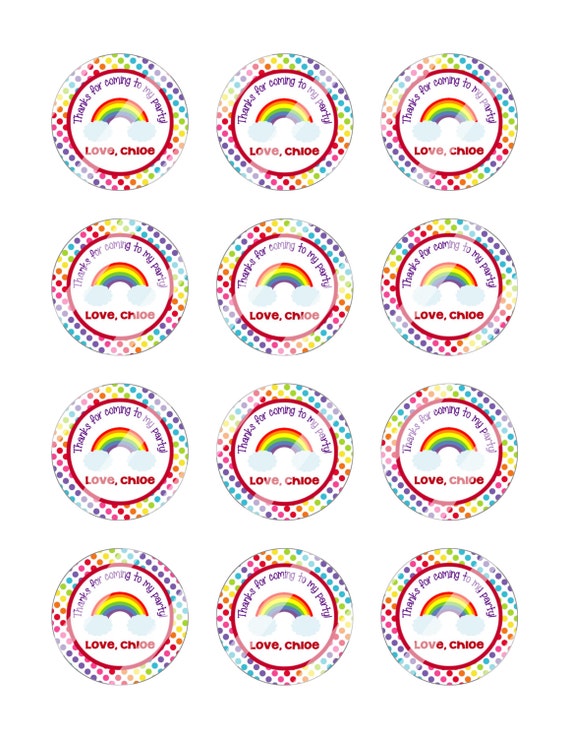 12 Printed Rainbow Stickers 2" Party Favor goody bag tag birthday party