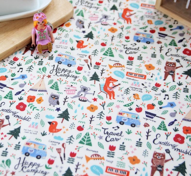 Laminated Pretty Camping Story Design Fabric by Yard White