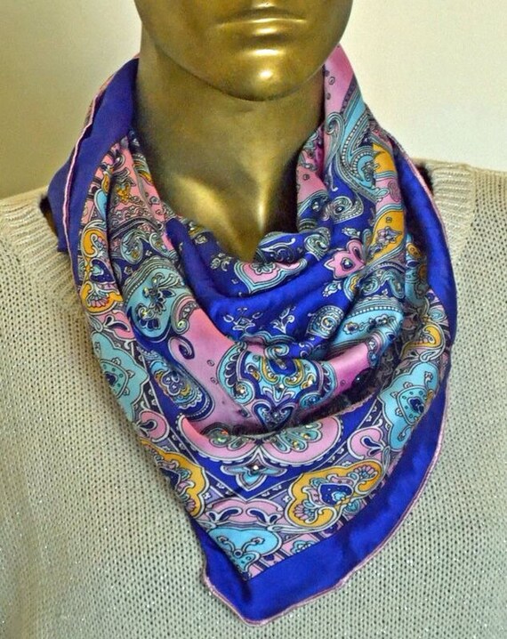 Items similar to Blue/multicolored printed silk square scarf with ...