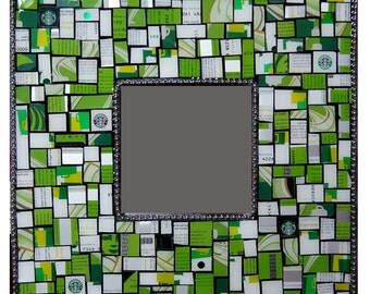 Upcycled Mosaic Mirror, Gift Card Mirror, Recycled Starbucks Cards, Green Art, Mixed Media Mosaic, Green Mosaic, Starbucks Art