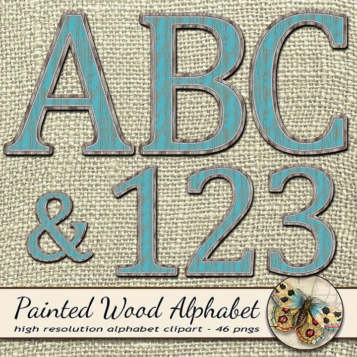 Wood Digital Alphabet Shabby Chic Alphabet Clipart Crackled