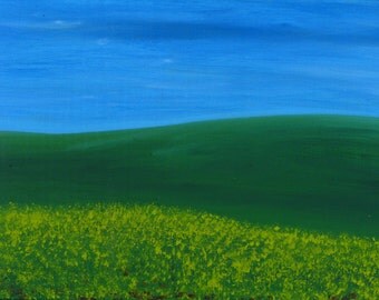 green field, landscape, painting, original oil painting small 15 x 32 cm, green