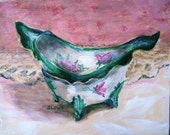Victorian bowl on doily, hand signed print, pastel colors, 8x10, by Shirley Lowe, Victorian scene, hand painted china, green and pink Victorian bowl on doily, hand signed print, pastel colors, 8x10, by Shirley Lowe, Victorian scene, hand painted china, green and pink