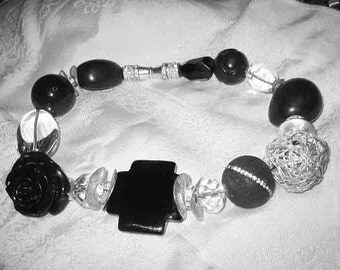 Vintage Big Bold Black & Clear Glass Necklace OH SO DECO