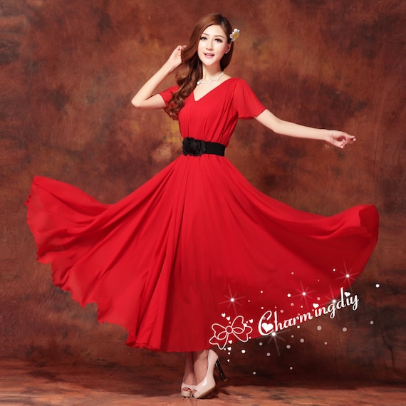 60 Colors Chiffon Red Short Sleeve V Neck Long Party Dress