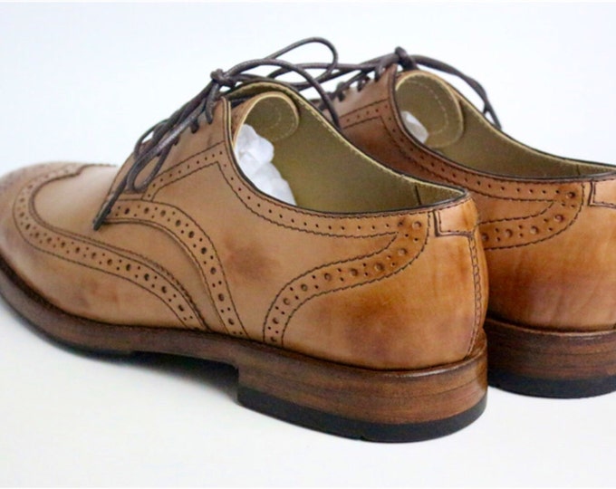 Brogue Men's Dress Shoes,Brown and Brush off,Calfskin Leather,Handmade Goodyear Welted Shoes