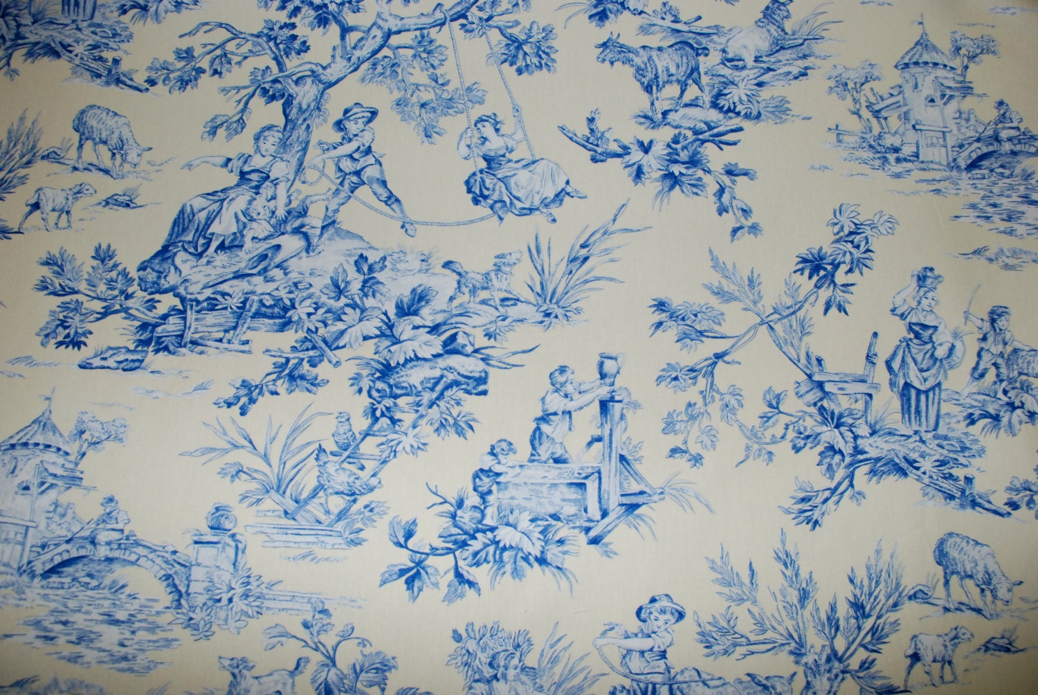 Soft Yellow and Blue Toile Fabric Traditional Toile Fabric