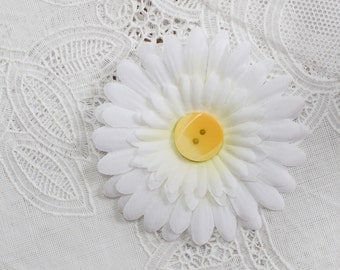 White Daisy Silk Flower Hair Clip with yellow Button Center