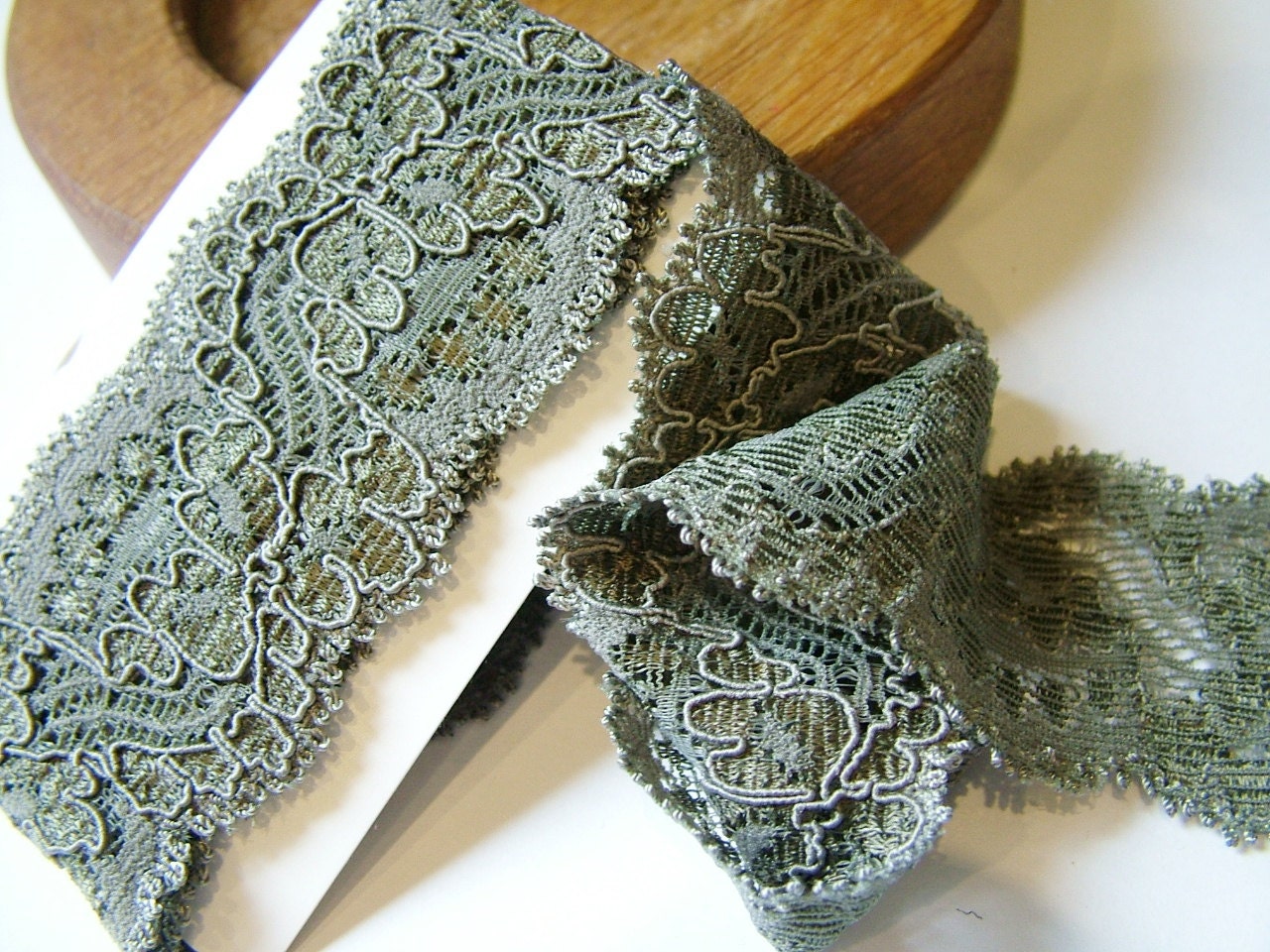 Grey Silver Lace Elastic Ribbon Trim 1 Metre by qbhaberdashery