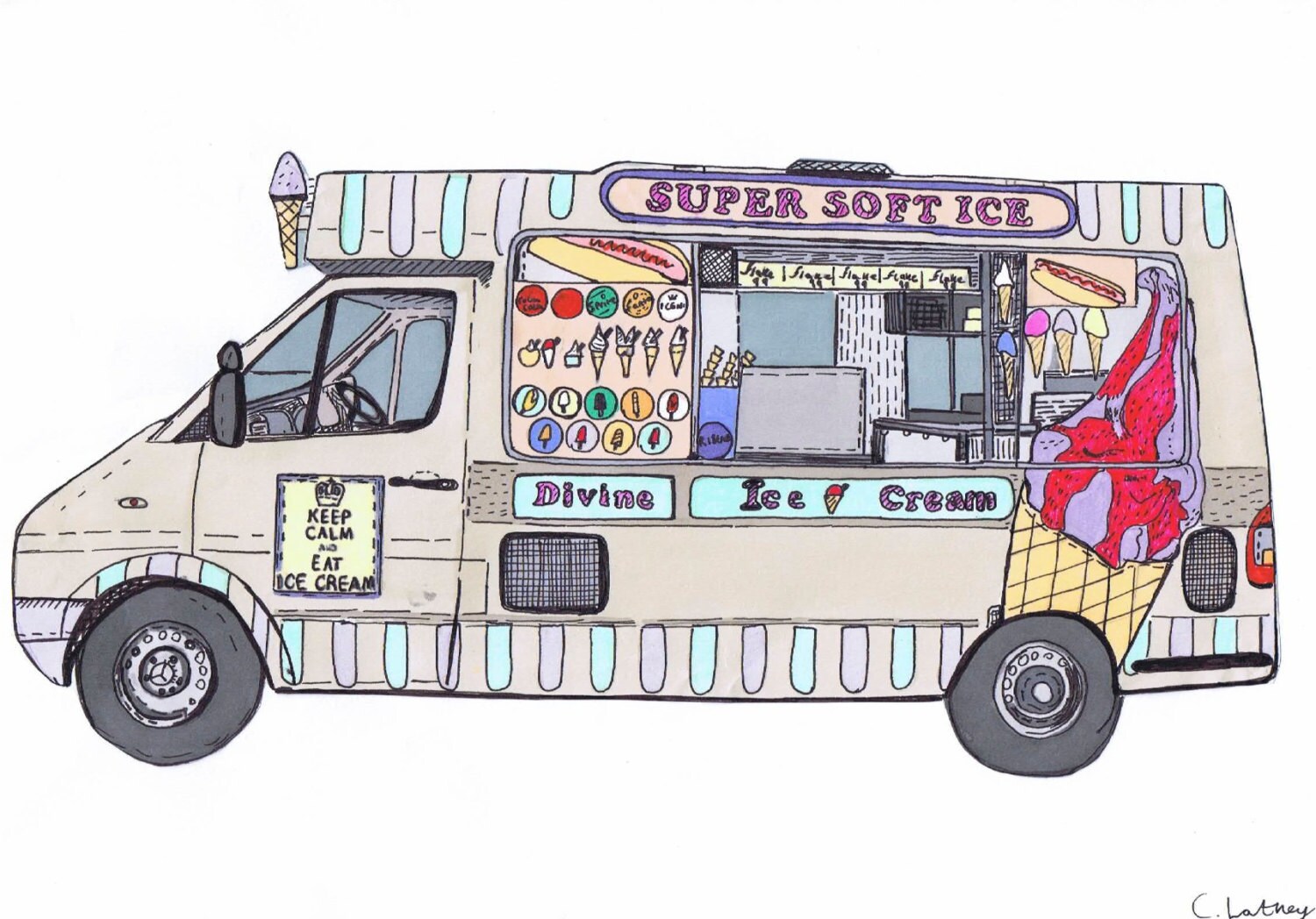 A4 Ice cream van fine art print by HouseofCally on Etsy