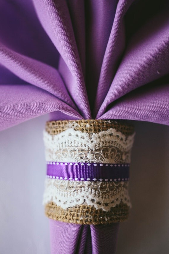Burlap Napkin rings with purple accent 100 total. For