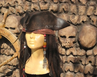 Jack sparrow Leather Tricorn Tricorner Pirate hat Milliner made