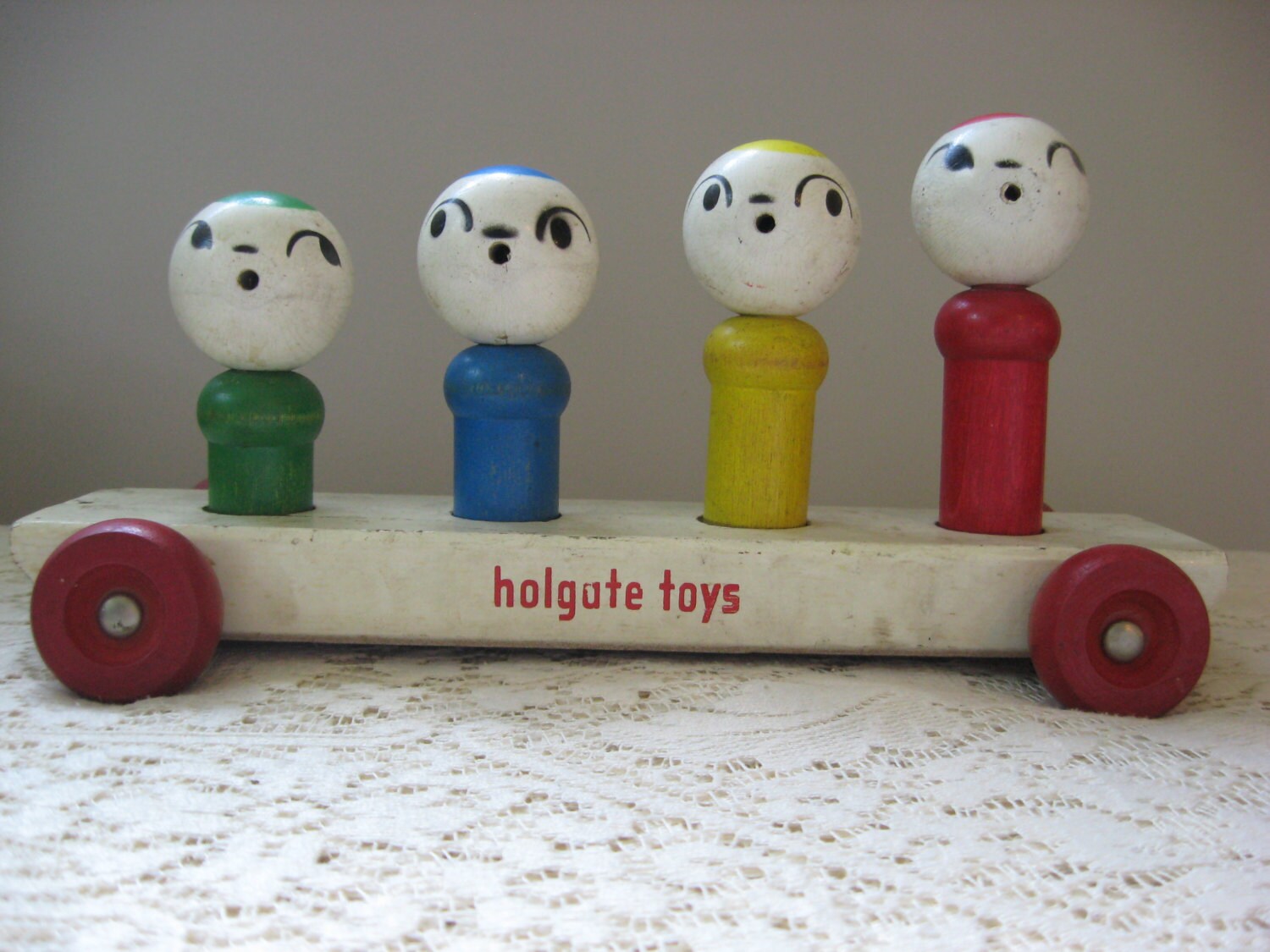 Holgate Wood Pull Toy with Squeaking Peg Figures Collectable