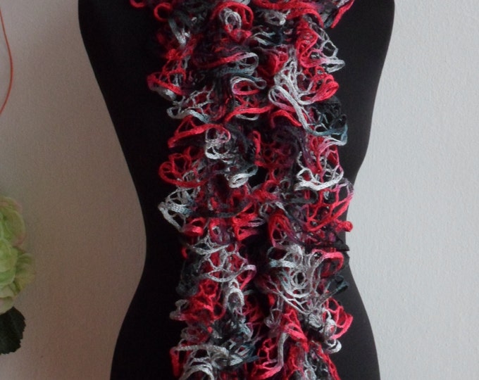 Ruffle scarf, Frilly scarf, Knitted scarf, Red gray black scarf, Fashion scarf, Mother's Day gift, Spring Accesories, Womens scarf