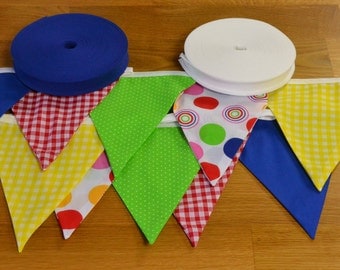Bright coloured bunting in blue, red, green and yellow, double sided fabric bunting, 10, 15 or 20 flags.