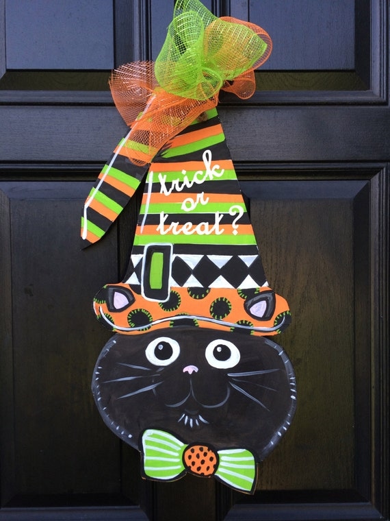 Items similar to Halloween, Door Decor, Witch, Black Cat, Cat