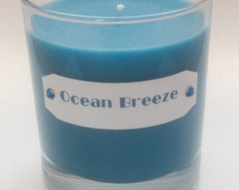 Ocean Breeze scented candle in a glass jar