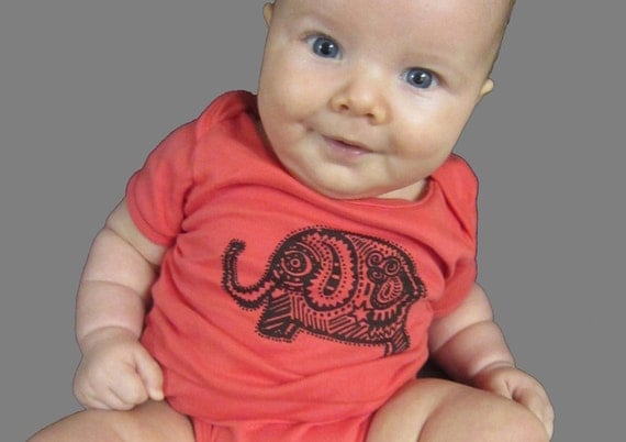 Organic Elephant Baby Onesie Newborn Shower Gift American Apparel Salmon / Peach Cotton One-Piece Bodysuit