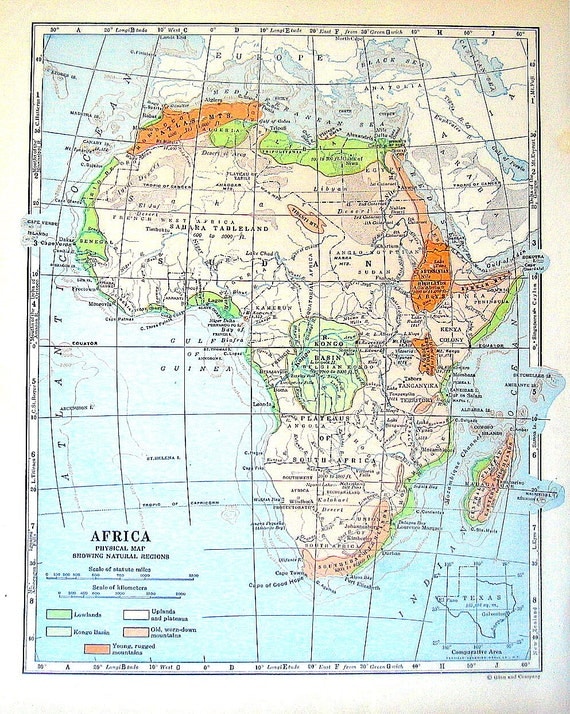 Items Similar To 1920 Map Of Africa - Physical Map Showing Natural 